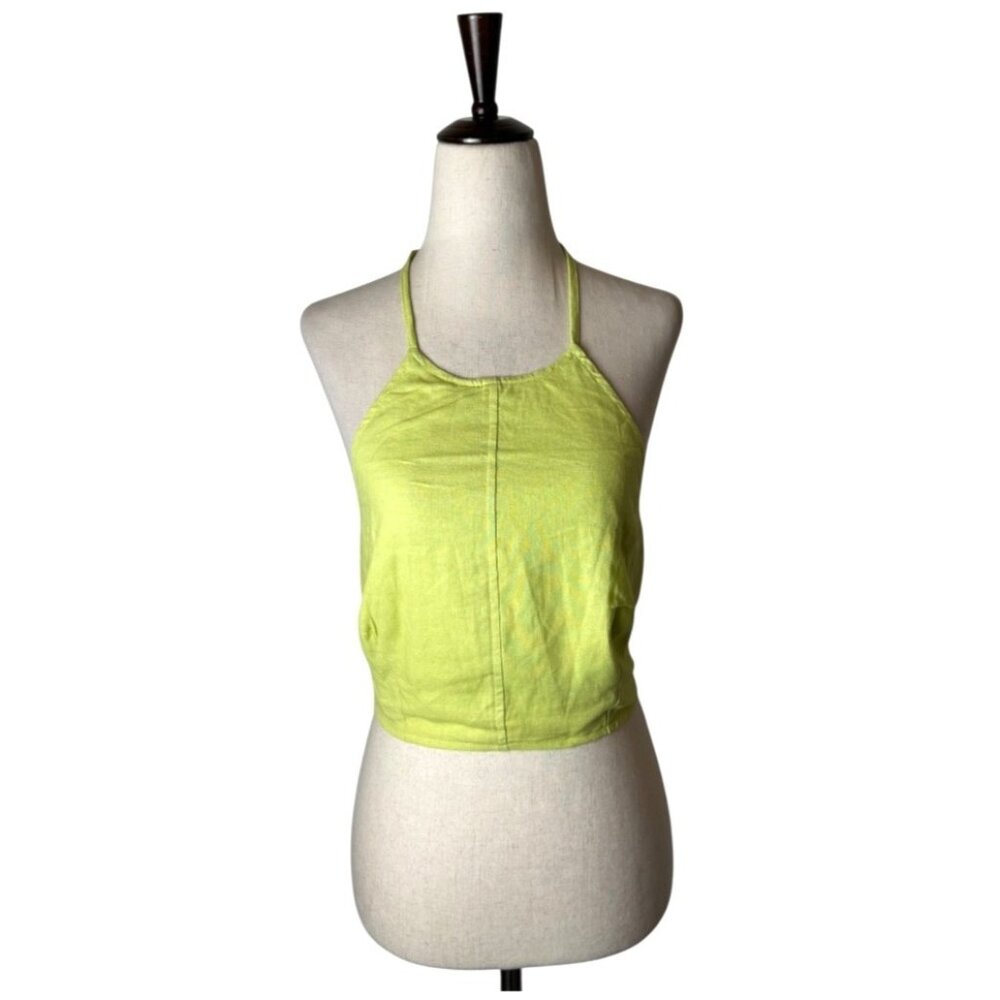 House of Harlow 1960 Top Women Small Yellow Linen Halter Neck Cropped Top Retro
